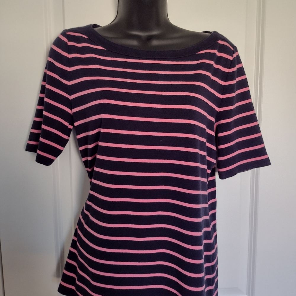 Talbot's misses hip length pink/navy tee. L